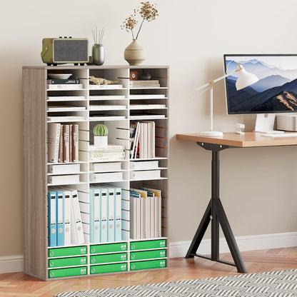 12 Compartments Wooden Literature Organizer with Adjustable Shelves, 6000 Sheets Capacity Paper Organizer, Classroom Mailbox and Mail Sorter for Teachers and Office, Retro Gray/White
