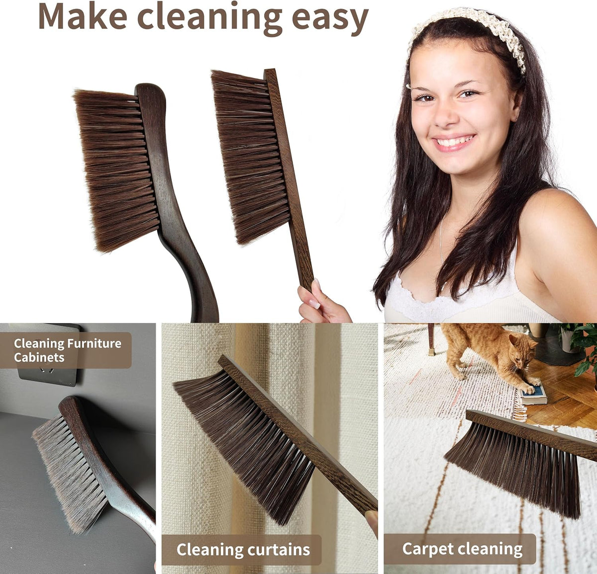 Hand Broom Brush, Dust Brush for Cleaning, Wood Block Hand Brush, Soft Bristle Cleaning Brush for Car Bed Furniture Clothes Garden Couch Draft (Curved Handle)