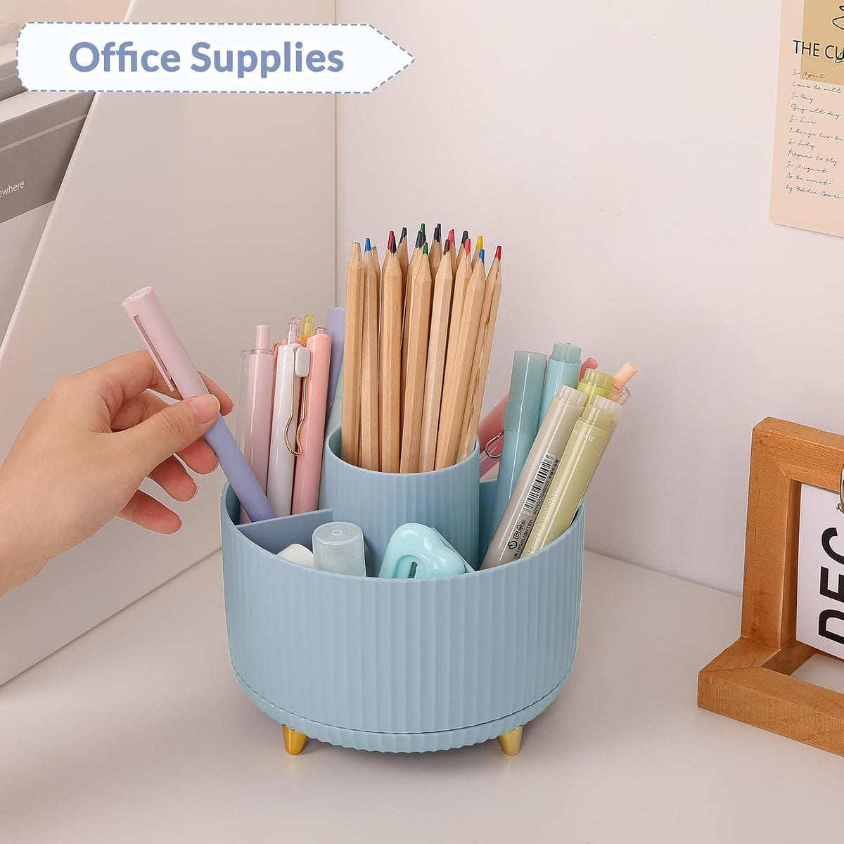 360 Rotating Plastic Desk Pen Organizer with 5 Slots, Dual-Purpose Art Supply Pencil Cup for Office, School, Home