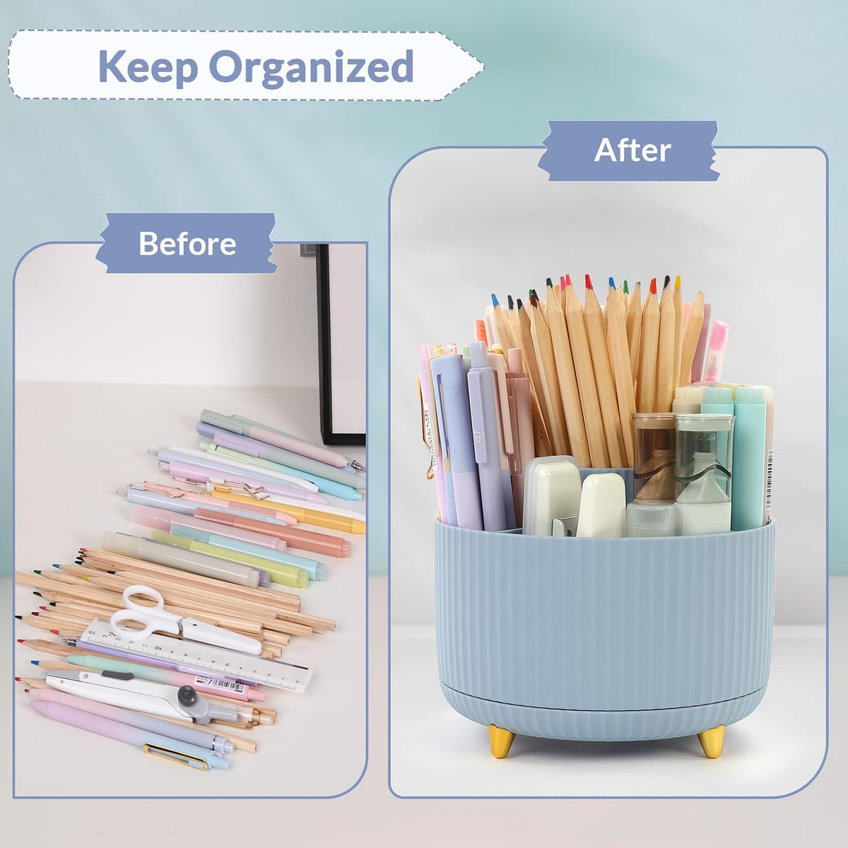 360 Rotating Plastic Desk Pen Organizer with 5 Slots, Dual-Purpose Art Supply Pencil Cup for Office, School, Home