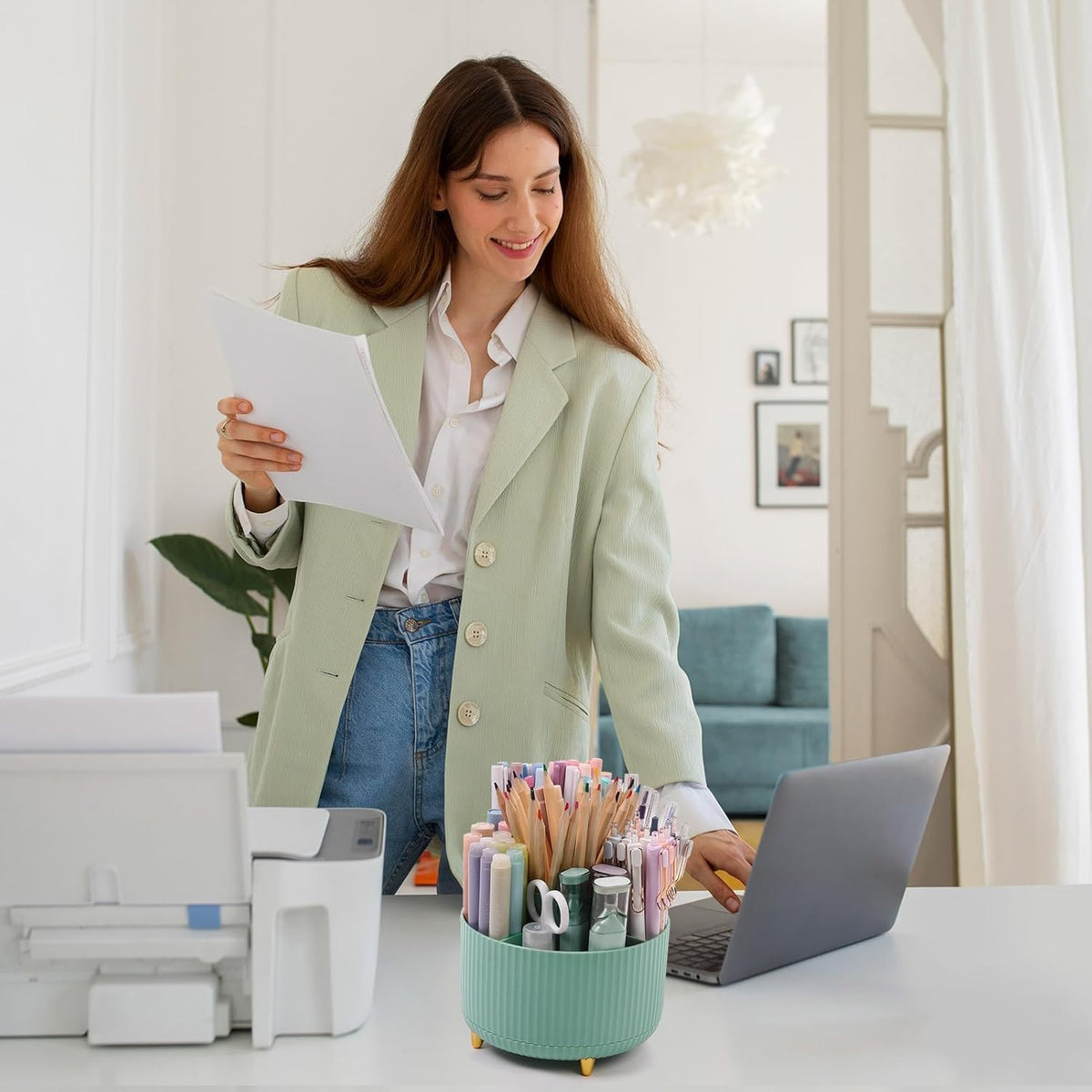 360 Rotating Plastic Desk Pen Organizer with 5 Slots, Dual-Purpose Art Supply Pencil Cup for Office, School, Home