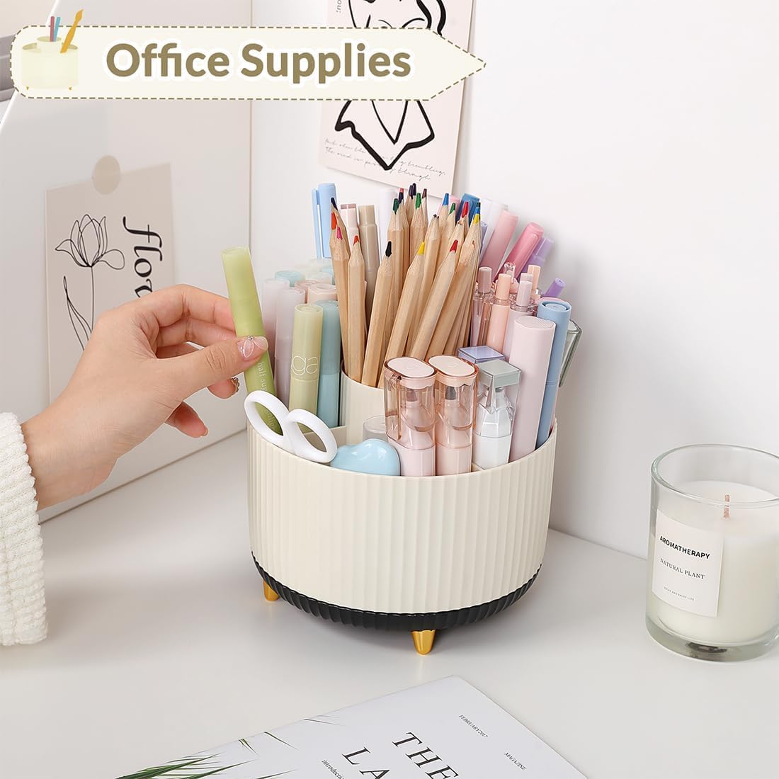 360 Rotating Plastic Desk Pen Organizer with 5 Slots, Dual-Purpose Art Supply Pencil Cup for Office, School, Home