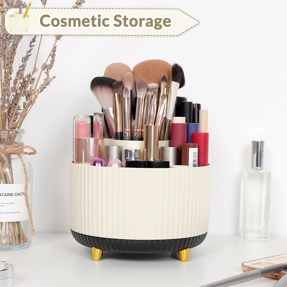 360 Rotating Plastic Desk Pen Organizer with 5 Slots, Dual-Purpose Art Supply Pencil Cup for Office, School, Home