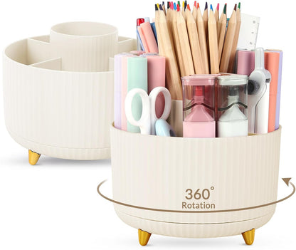 360 Rotating Plastic Desk Pen Organizer with 5 Slots, Dual-Purpose Art Supply Pencil Cup for Office, School, Home