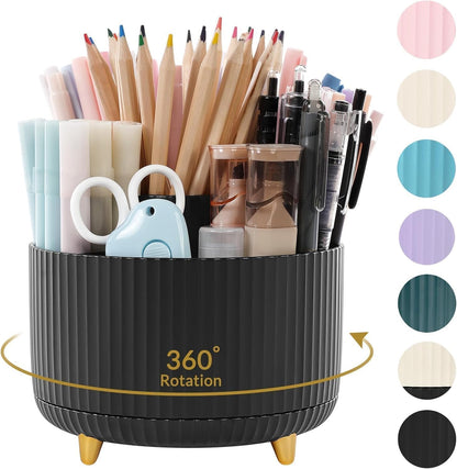 360 Rotating Plastic Desk Pen Organizer with 5 Slots, Dual-Purpose Art Supply Pencil Cup for Office, School, Home