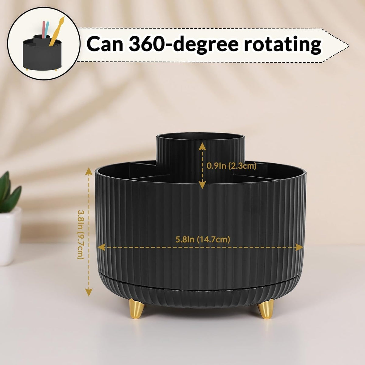 360 Rotating Plastic Desk Pen Organizer with 5 Slots, Dual-Purpose Art Supply Pencil Cup for Office, School, Home