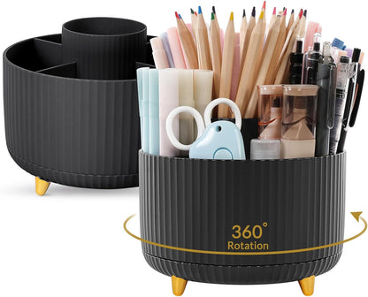 360 Rotating Plastic Desk Pen Organizer with 5 Slots, Dual-Purpose Art Supply Pencil Cup for Office, School, Home