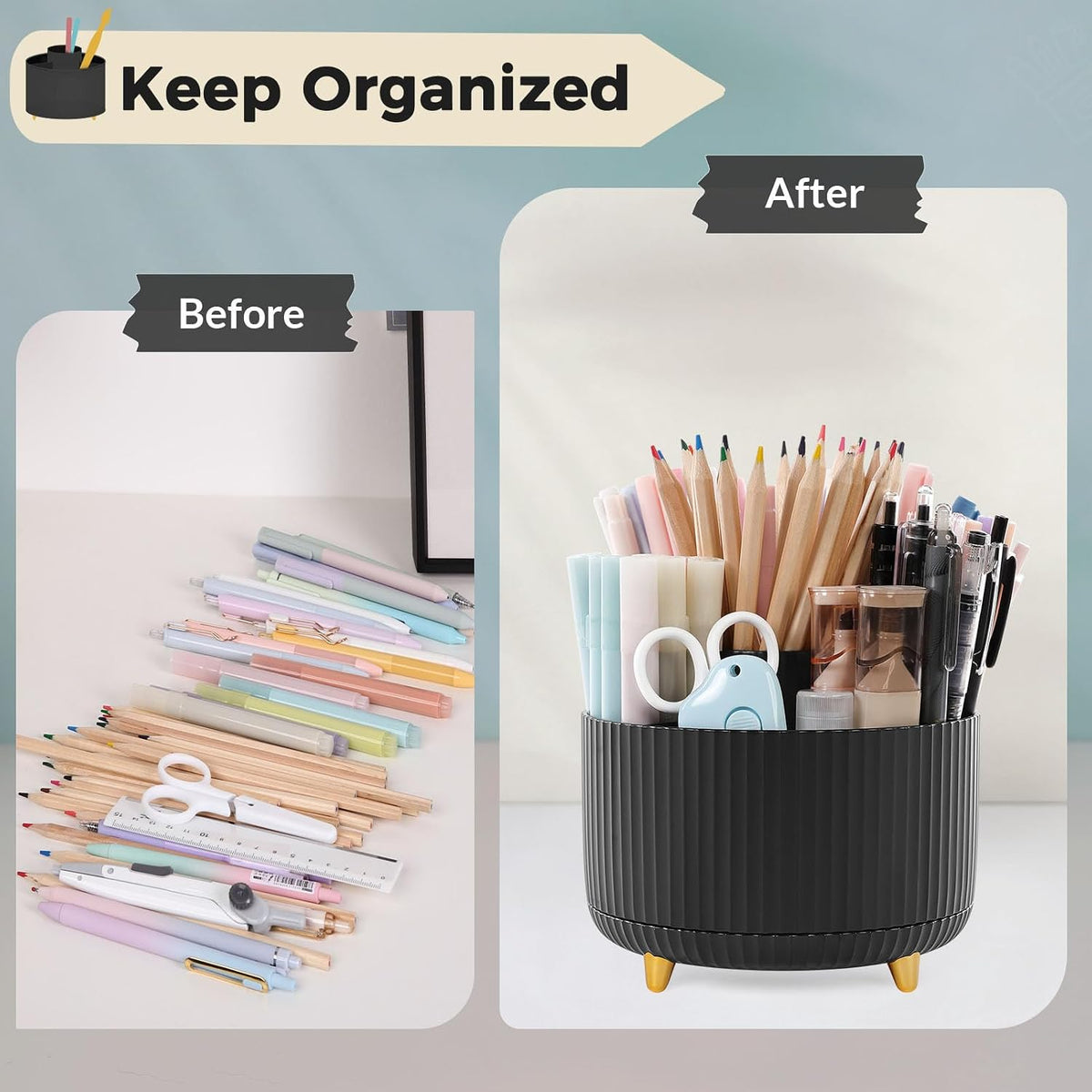 360 Rotating Plastic Desk Pen Organizer with 5 Slots, Dual-Purpose Art Supply Pencil Cup for Office, School, Home