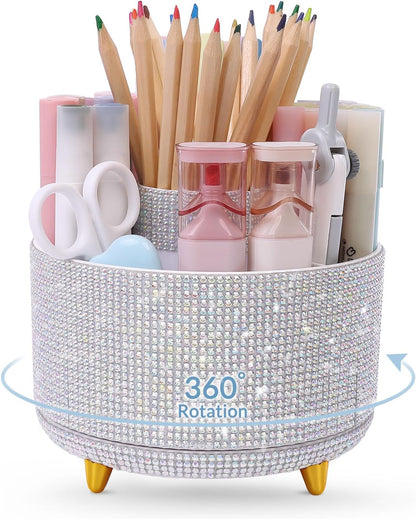 360 Rotating Plastic Desk Pen Organizer with 5 Slots, Dual-Purpose Art Supply Pencil Cup for Office, School, Home