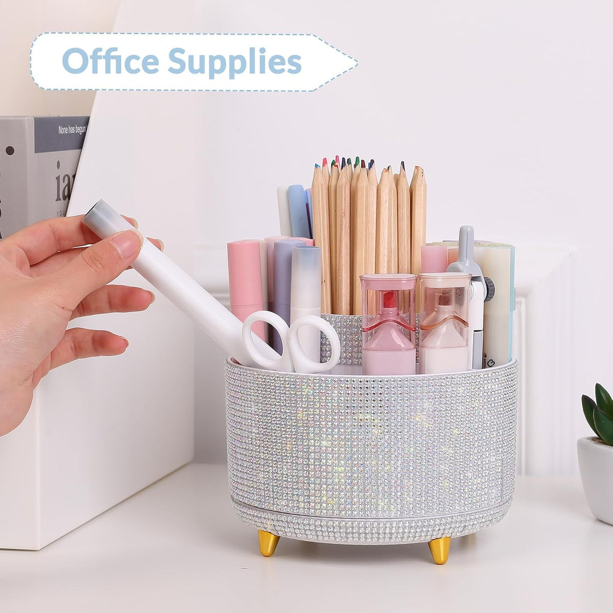 360 Rotating Plastic Desk Pen Organizer with 5 Slots, Dual-Purpose Art Supply Pencil Cup for Office, School, Home
