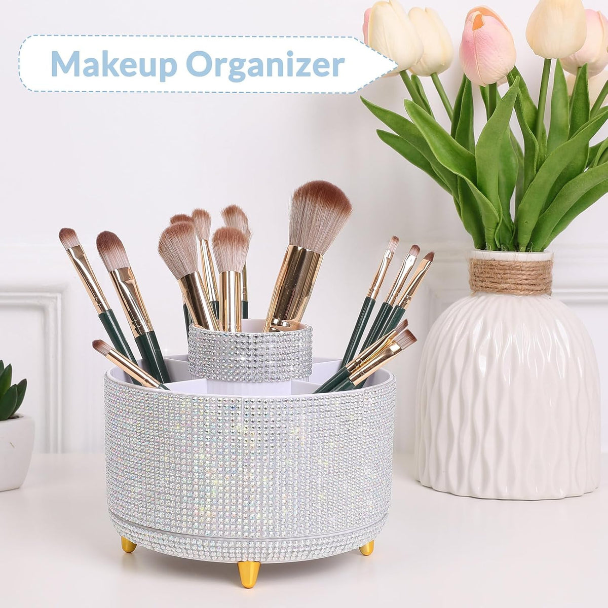 360 Rotating Plastic Desk Pen Organizer with 5 Slots, Dual-Purpose Art Supply Pencil Cup for Office, School, Home