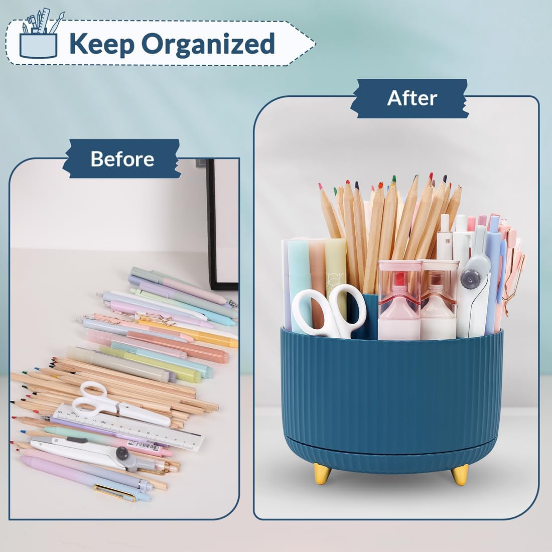 360 Rotating Plastic Desk Pen Organizer with 5 Slots, Dual-Purpose Art Supply Pencil Cup for Office, School, Home