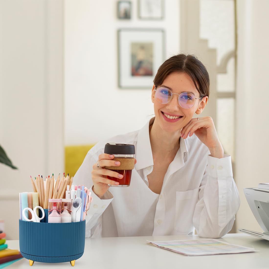 360 Rotating Plastic Desk Pen Organizer with 5 Slots, Dual-Purpose Art Supply Pencil Cup for Office, School, Home
