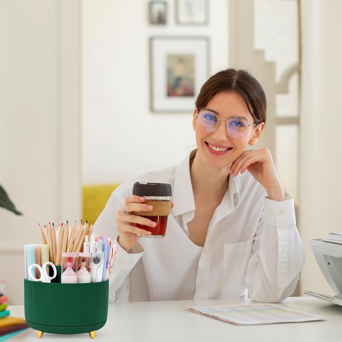 360 Rotating Plastic Desk Pen Organizer with 5 Slots, Dual-Purpose Art Supply Pencil Cup for Office, School, Home