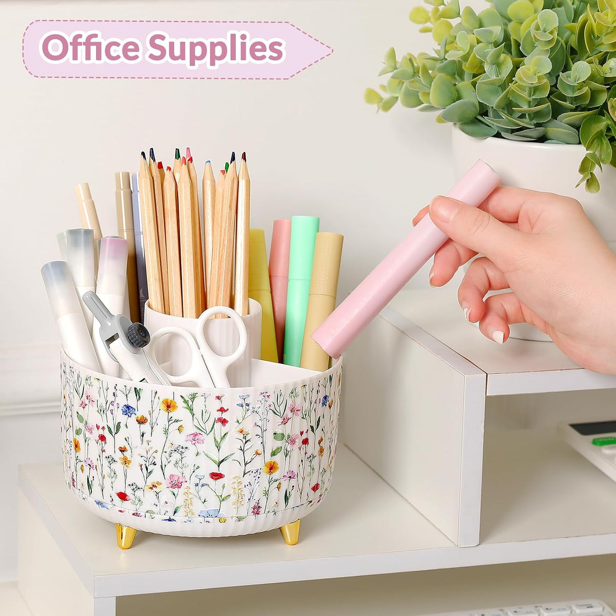 360 Rotating Plastic Desk Pen Organizer with 5 Slots, Dual-Purpose Art Supply Pencil Cup for Office, School, Home
