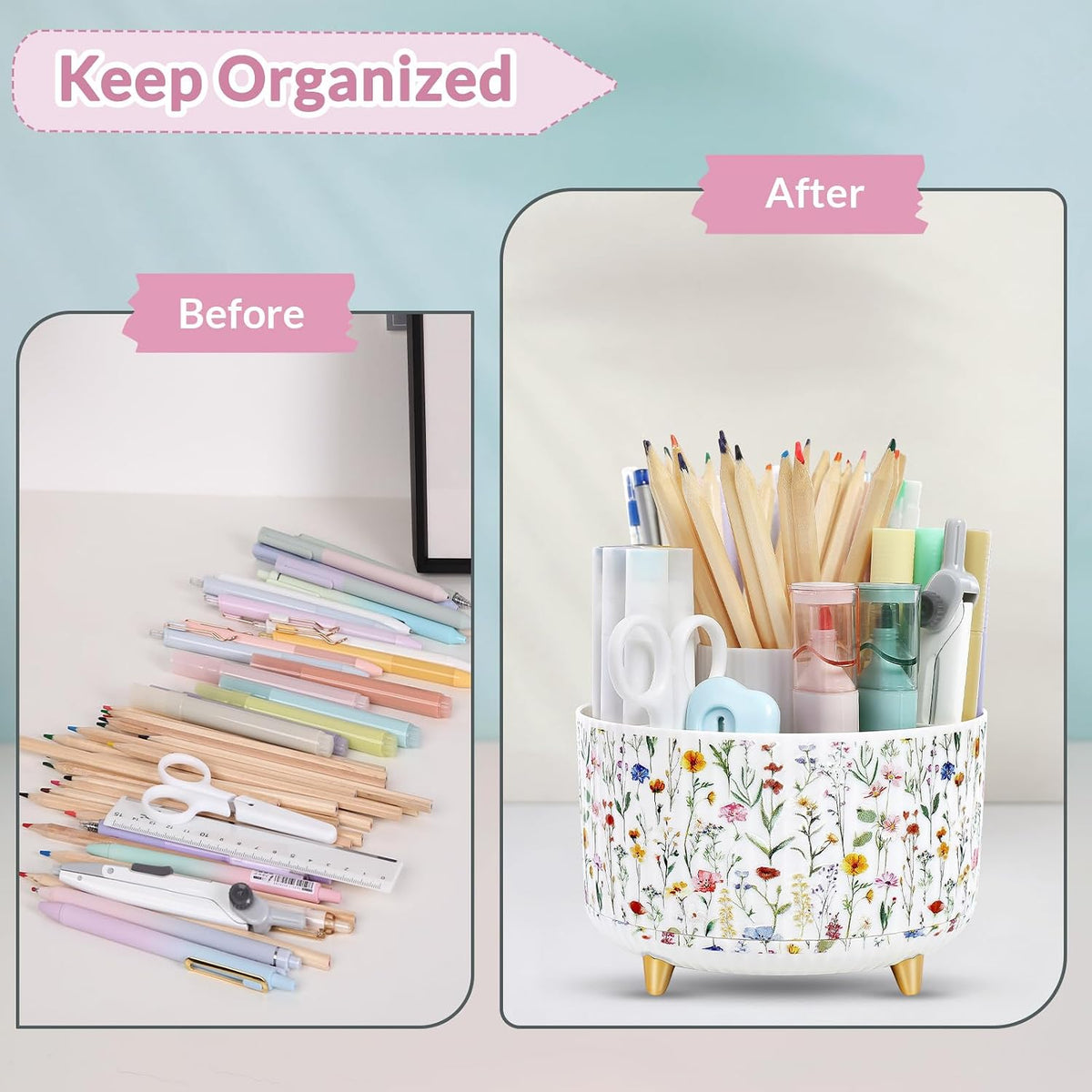 360 Rotating Plastic Desk Pen Organizer with 5 Slots, Dual-Purpose Art Supply Pencil Cup for Office, School, Home