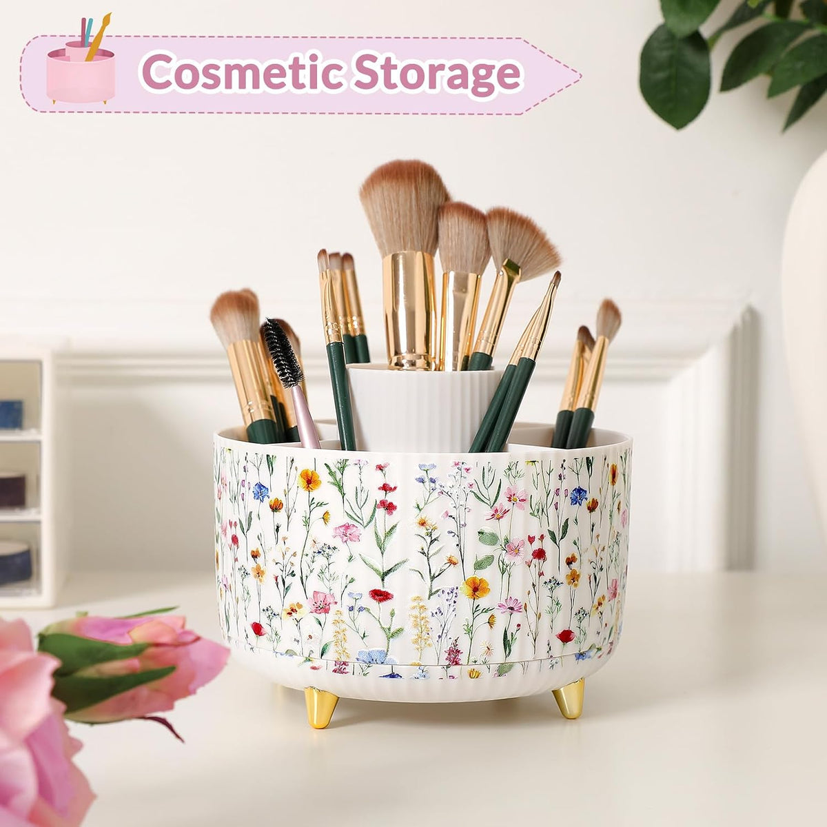 360 Rotating Plastic Desk Pen Organizer with 5 Slots, Dual-Purpose Art Supply Pencil Cup for Office, School, Home