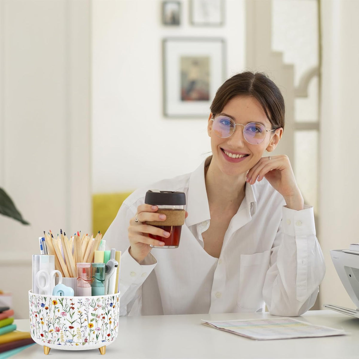 360 Rotating Plastic Desk Pen Organizer with 5 Slots, Dual-Purpose Art Supply Pencil Cup for Office, School, Home