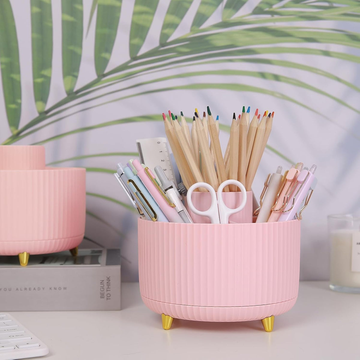 360 Rotating Plastic Desk Pen Organizer with 5 Slots, Dual-Purpose Art Supply Pencil Cup for Office, School, Home