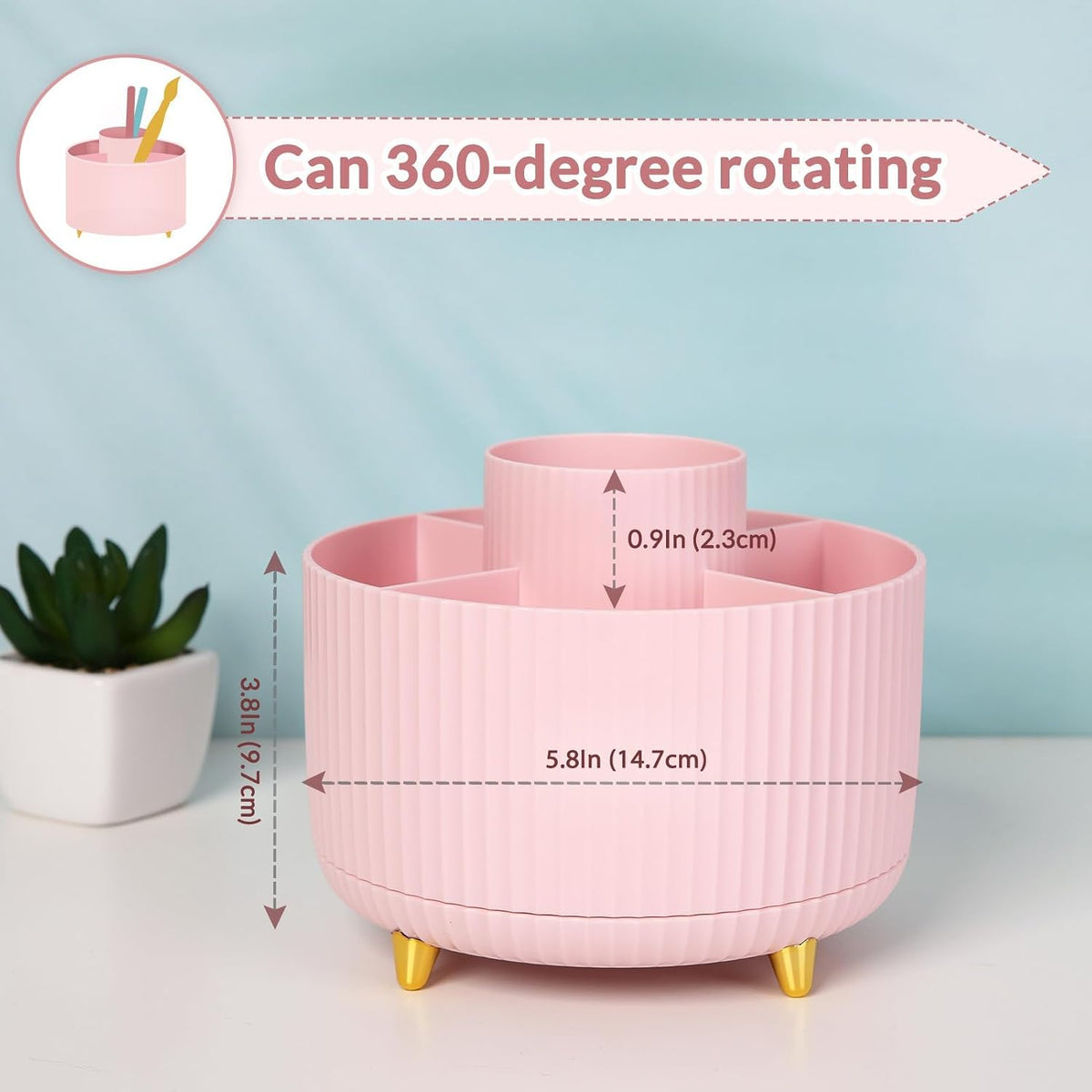 360 Rotating Plastic Desk Pen Organizer with 5 Slots, Dual-Purpose Art Supply Pencil Cup for Office, School, Home