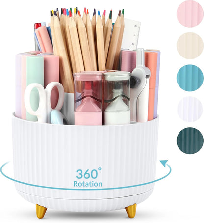 360 Rotating Plastic Desk Pen Organizer with 5 Slots, Dual-Purpose Art Supply Pencil Cup for Office, School, Home
