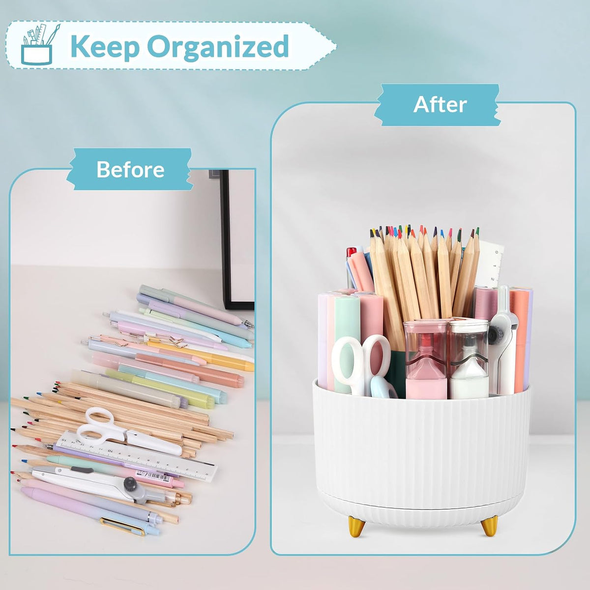 360 Rotating Plastic Desk Pen Organizer with 5 Slots, Dual-Purpose Art Supply Pencil Cup for Office, School, Home