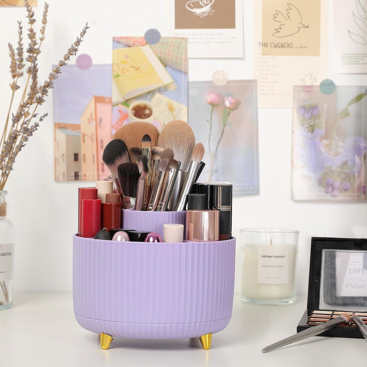 360 Rotating Plastic Desk Pen Organizer with 5 Slots, Dual-Purpose Art Supply Pencil Cup for Office, School, Home