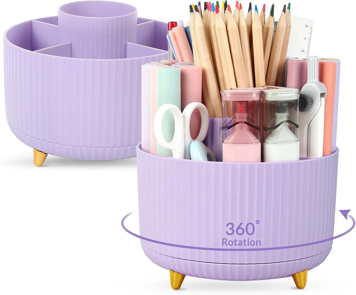 360 Rotating Plastic Desk Pen Organizer with 5 Slots, Dual-Purpose Art Supply Pencil Cup for Office, School, Home