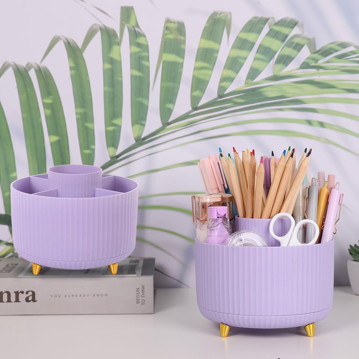 360 Rotating Plastic Desk Pen Organizer with 5 Slots, Dual-Purpose Art Supply Pencil Cup for Office, School, Home