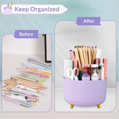 360 Rotating Plastic Desk Pen Organizer with 5 Slots, Dual-Purpose Art Supply Pencil Cup for Office, School, Home