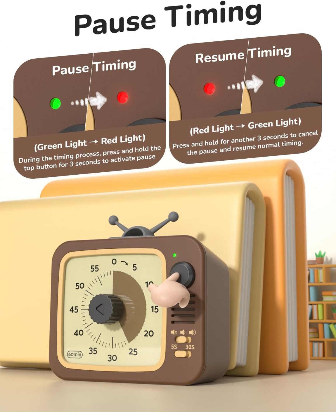 LIORQUE Visual Timer for Kids with Pause, 60 Minute Countdown Timer, Brown