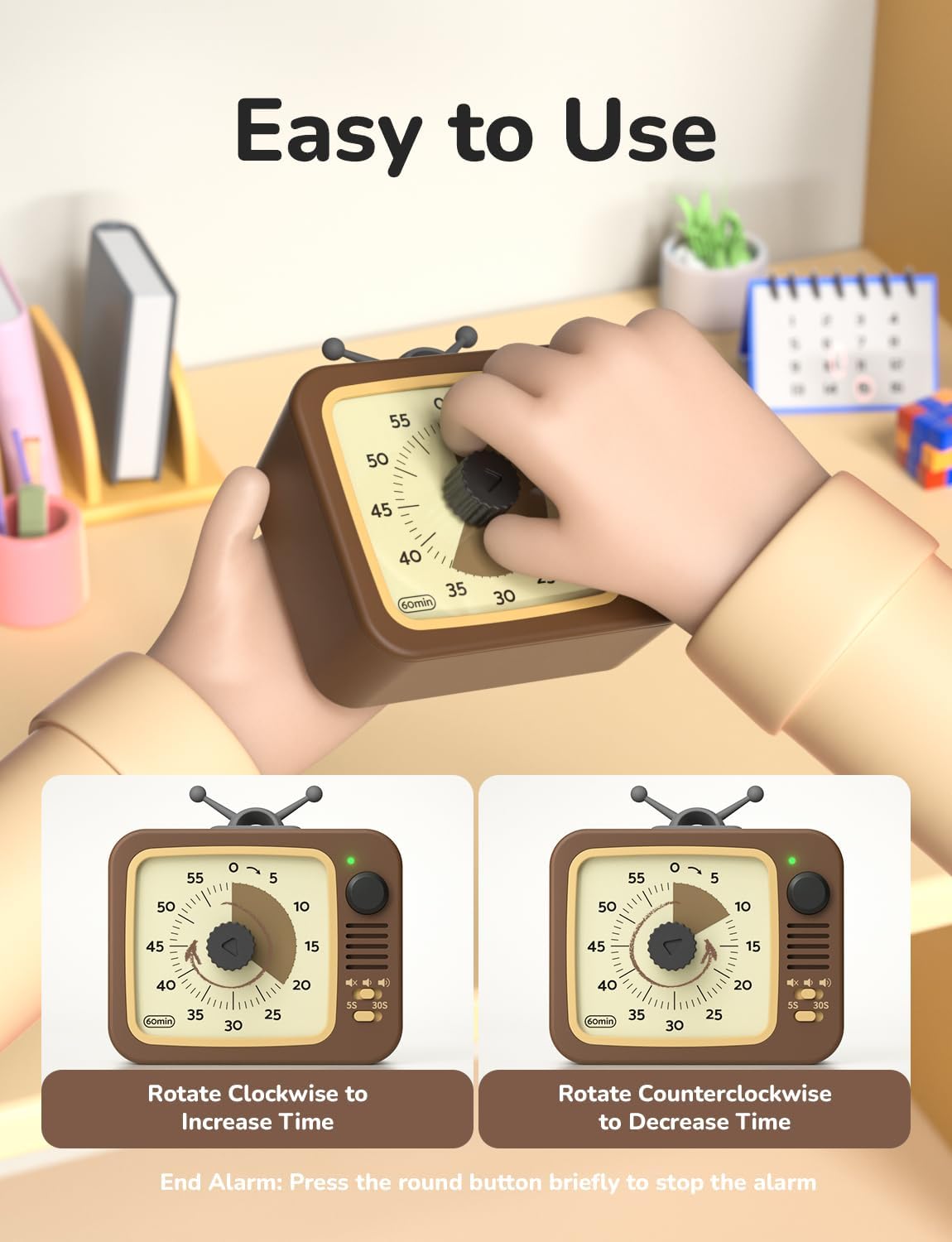 LIORQUE Visual Timer for Kids with Pause, 60 Minute Countdown Timer, Brown