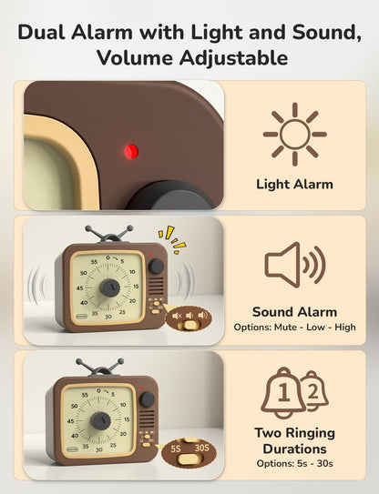 LIORQUE Visual Timer for Kids with Pause, 60 Minute Countdown Timer, Brown