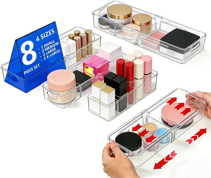 4-in-1 Expandable Drawer Organizer Set, Adjustable Clear Bins