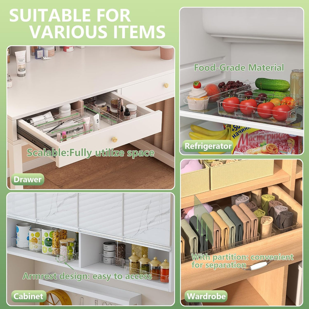 4-in-1 Expandable Drawer Organizer Set, Adjustable Clear Bins