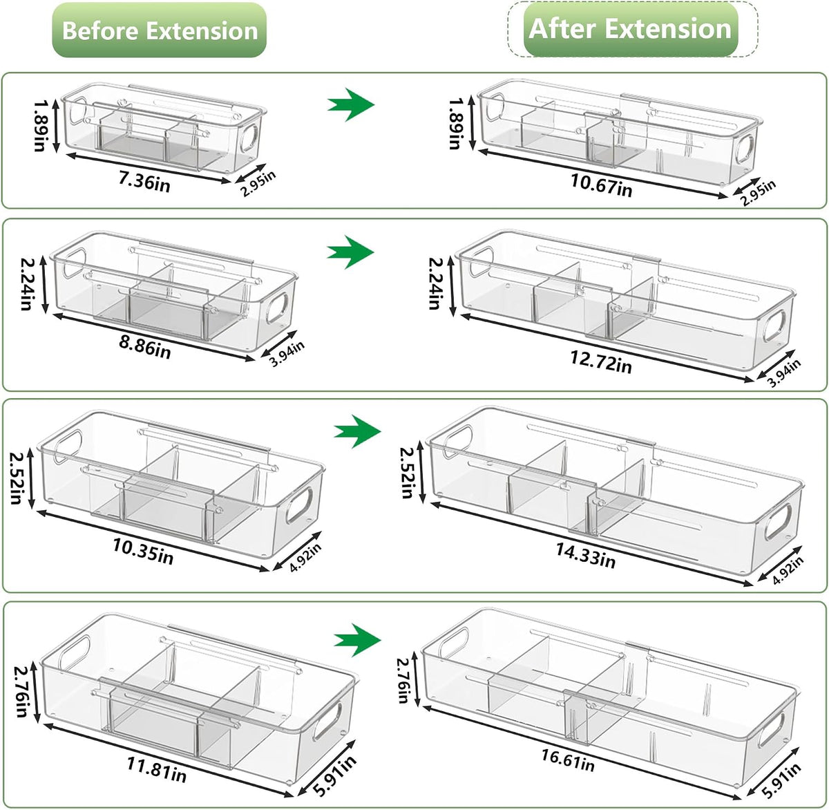4-in-1 Expandable Drawer Organizer Set, Adjustable Clear Bins