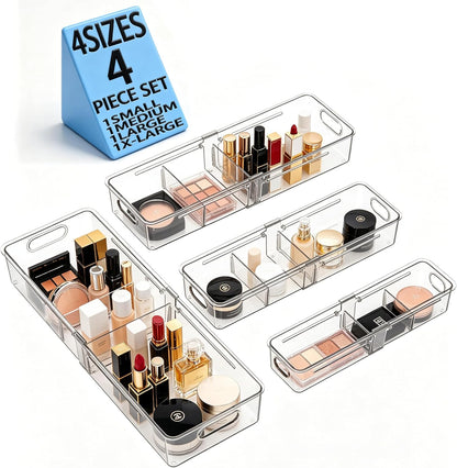 4-in-1 Expandable Drawer Organizer Set, Adjustable Clear Bins