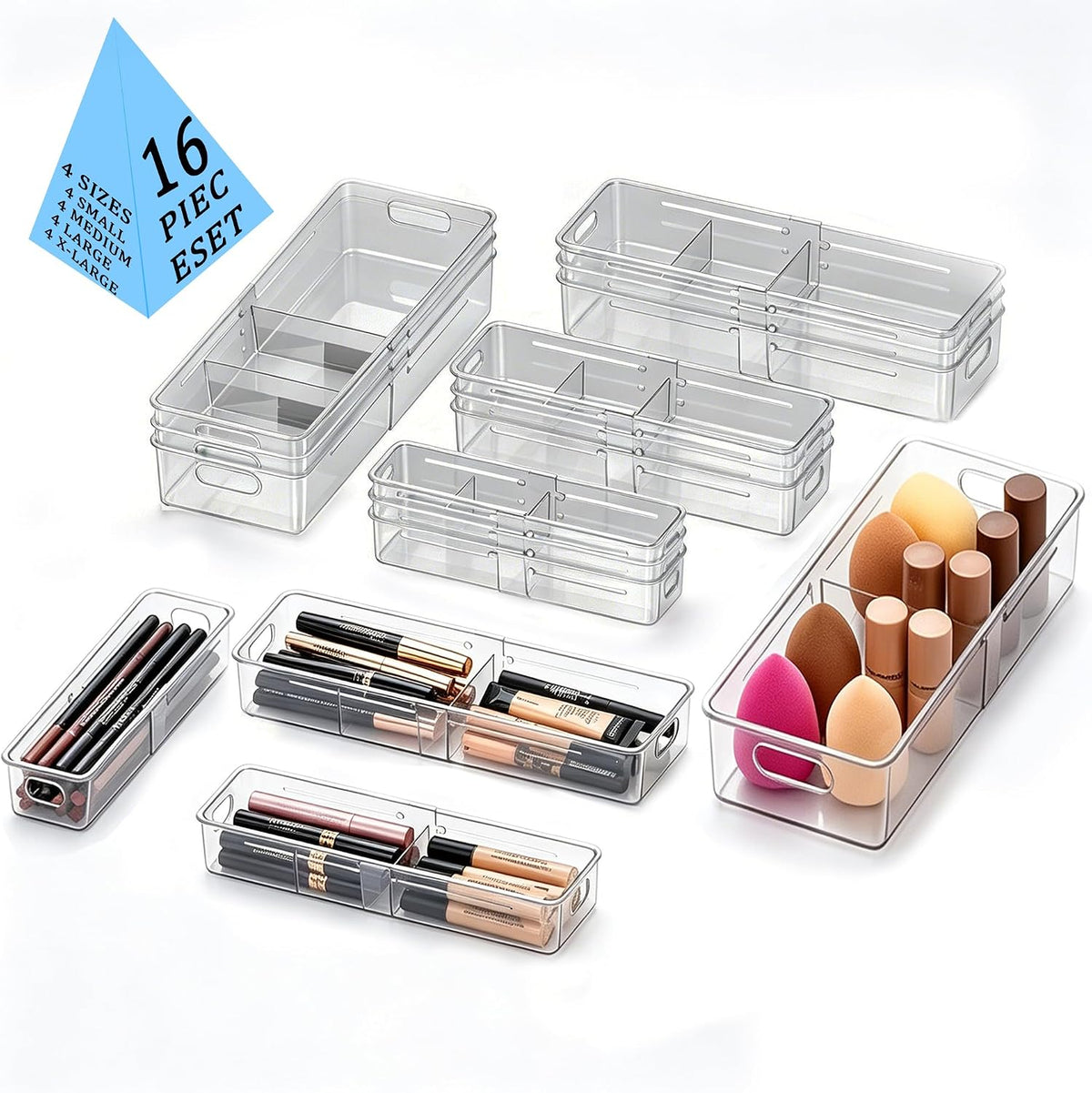 4-in-1 Expandable Drawer Organizer Set, Adjustable Clear Bins