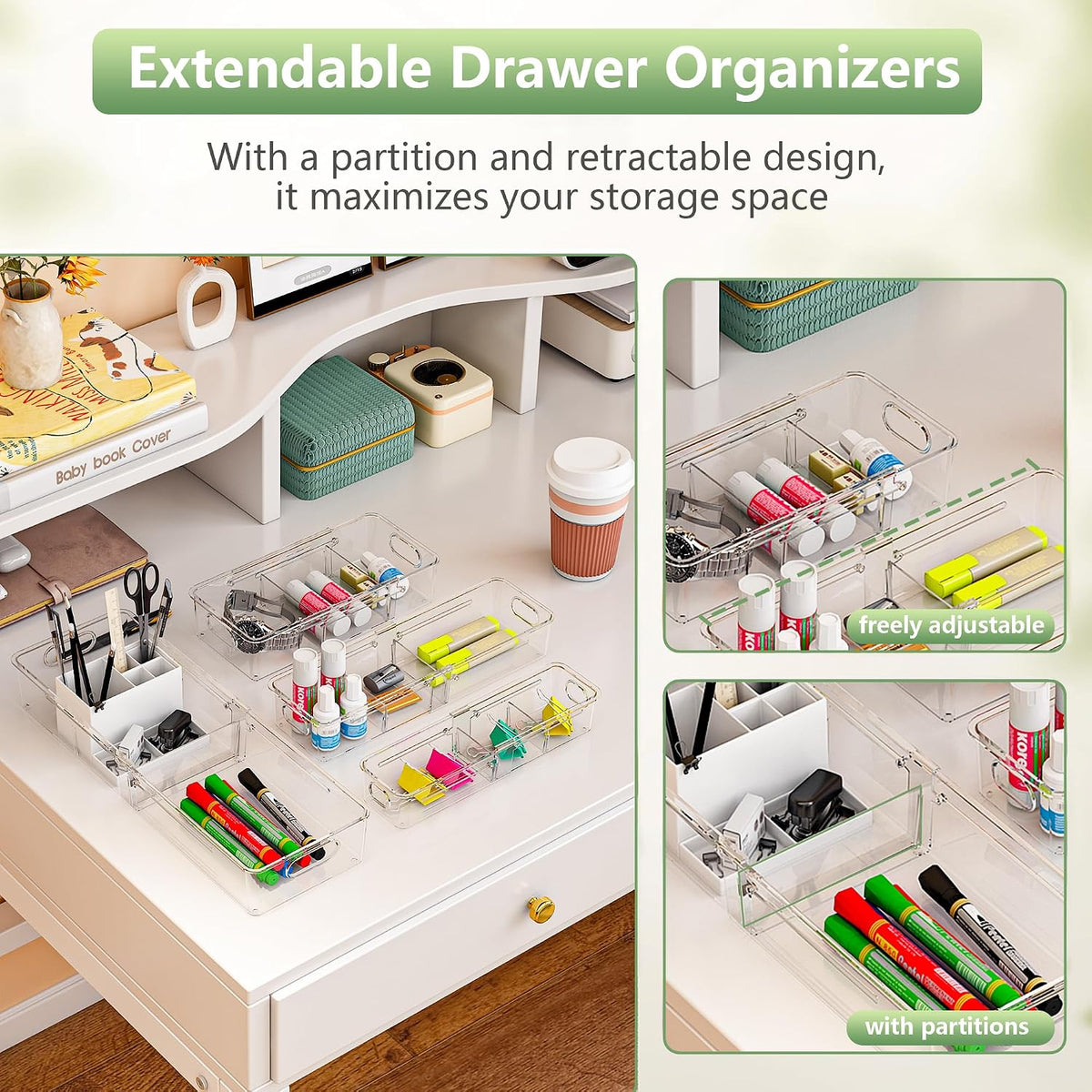 4-in-1 Expandable Drawer Organizer Set, Adjustable Clear Bins