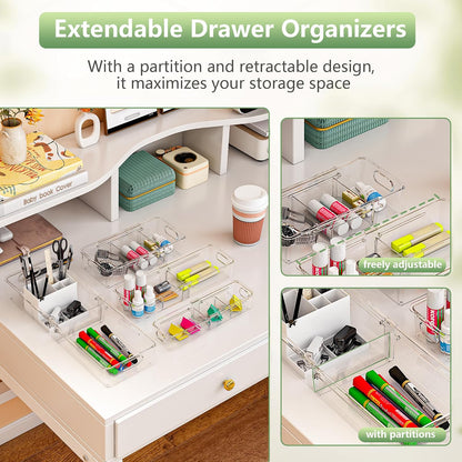 4-in-1 Expandable Drawer Organizer Set, Adjustable Clear Bins