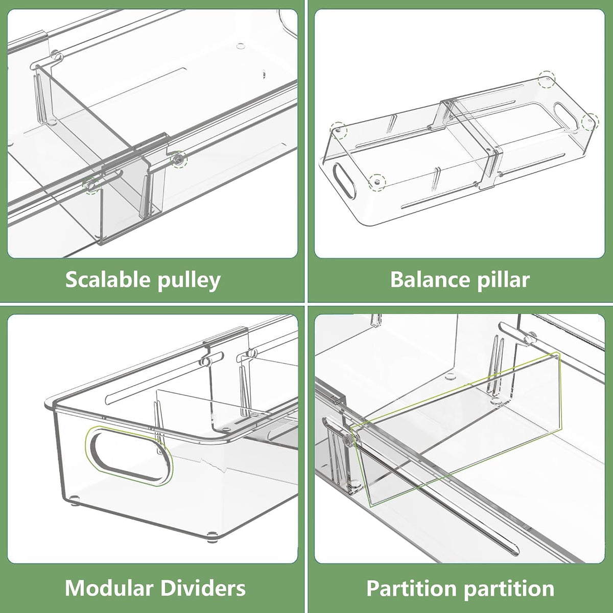 4-in-1 Expandable Drawer Organizer Set, Adjustable Clear Bins