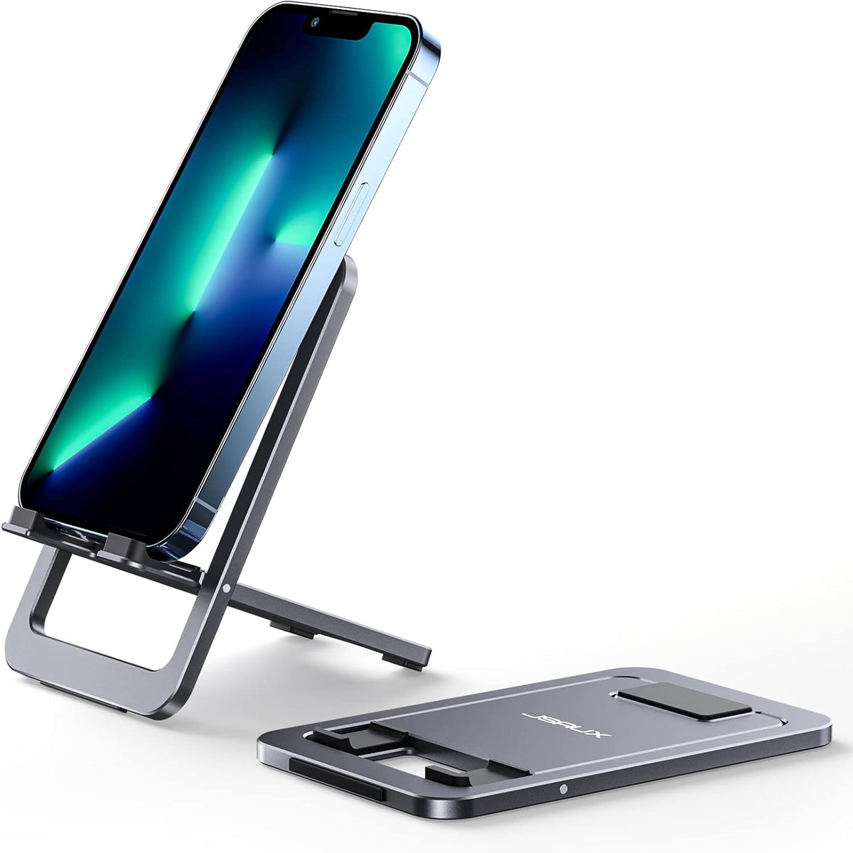 Fold-Flat Cell Phone Stand, Adjustable Desk Holder-Gray