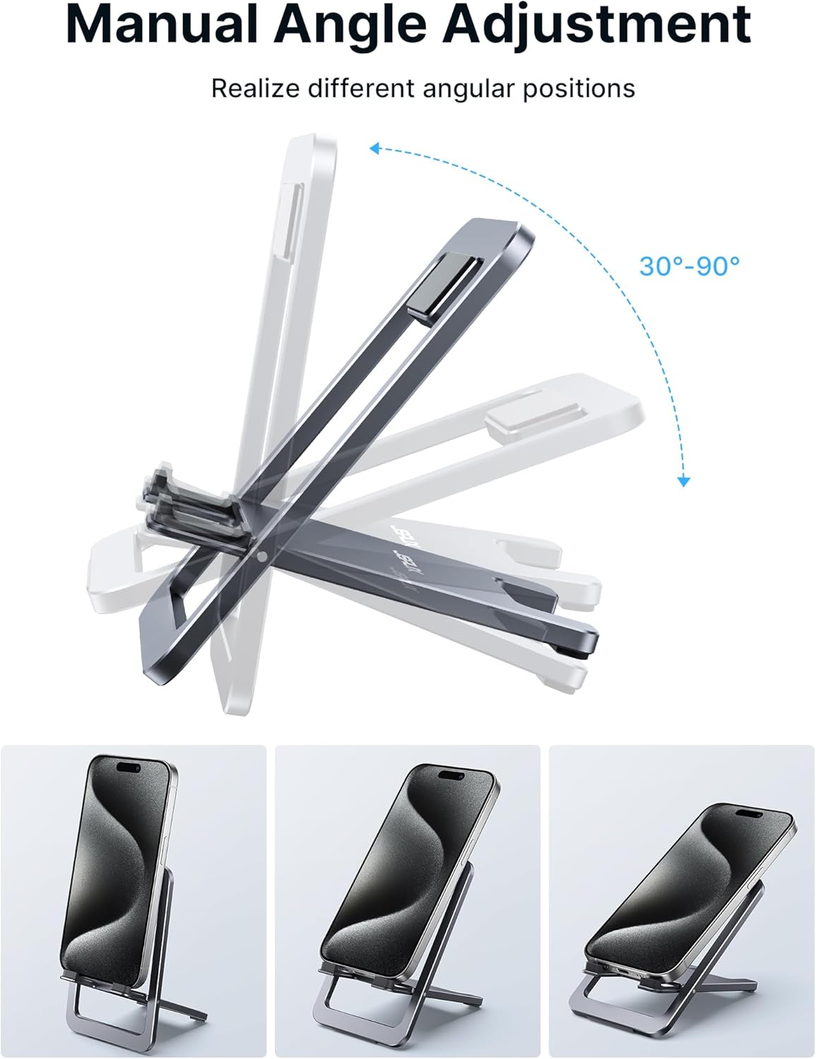 Fold-Flat Cell Phone Stand, Adjustable Desk Holder-Gray