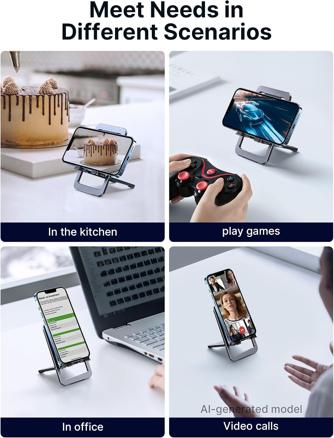 Fold-Flat Cell Phone Stand, Adjustable Desk Holder-Gray