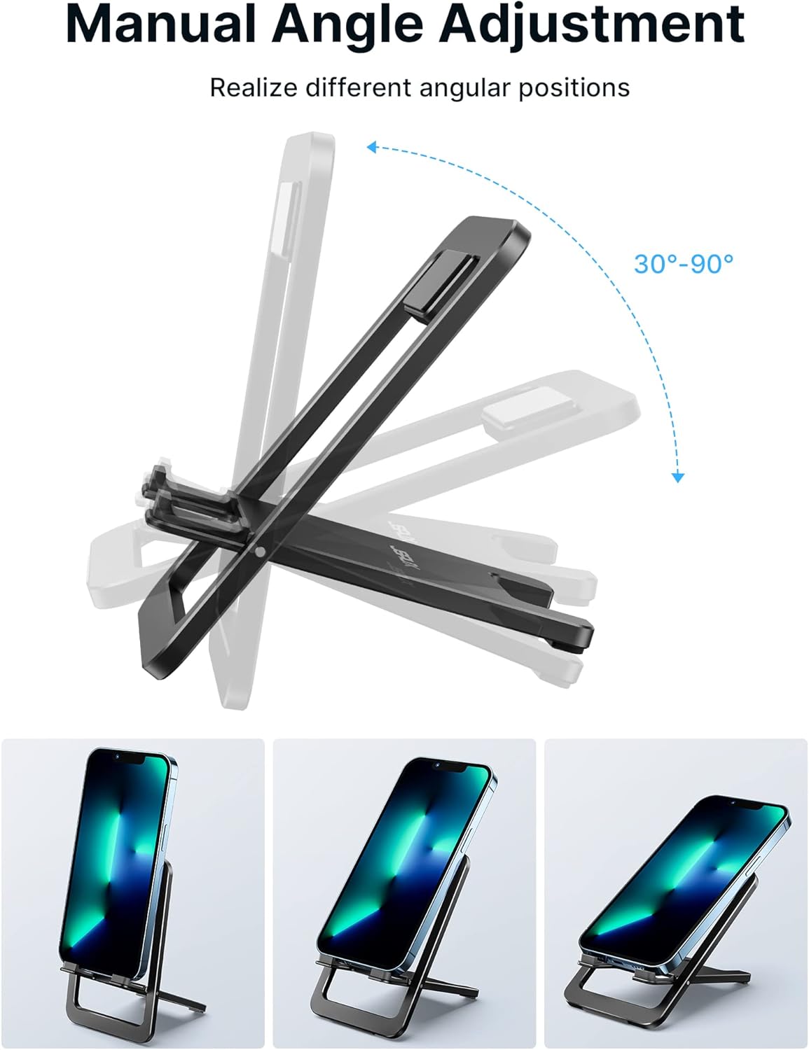 Fold-Flat Cell Phone Stand, Adjustable Desk Holder-Gray