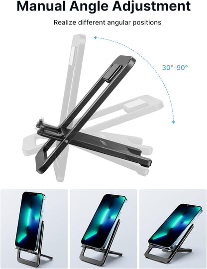 Fold-Flat Cell Phone Stand, Adjustable Desk Holder-Gray