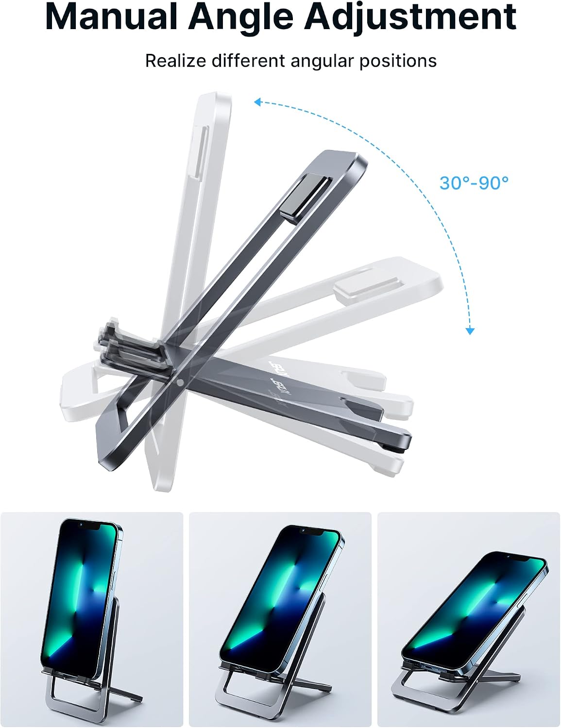 Fold-Flat Cell Phone Stand, Adjustable Desk Holder-Gray