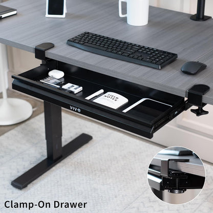 22 inch Clamp-on Sliding Pull-out Under Table Drawer for Office Desk, Shallow Storage Organizer for Sit Stand Workstation, Black, DESK-DR22L