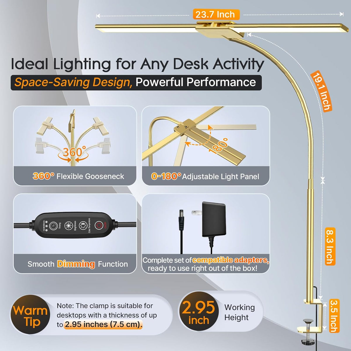 LED Desk Lamp for Home Office, 18W 2000LM Dual Head Architect Lamp