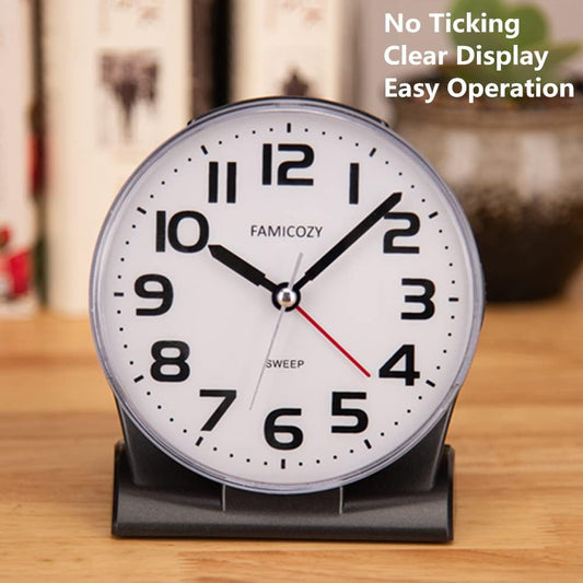 4.5" No Ticking Analog Alarm Clock,Silent Readable for Seniors,Easy to Set,Gradual Rise Alarm,Big Numbers,On/Off Switch on Side,Gentle Wake,Snooze Soft Backlight,Battery Operated,Black